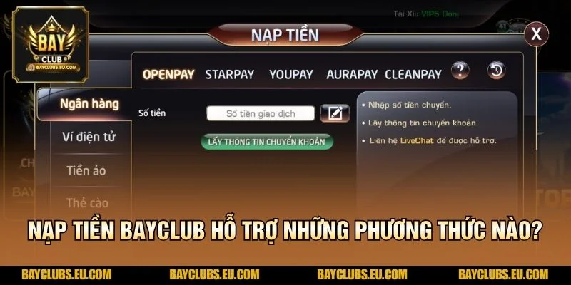 Nạp tiền BayClub nhanh gọn – Giao dịch tiện lợi cùng BayClub 1 Nạp tiền BayClub hỗ trợ những phương thức nào?